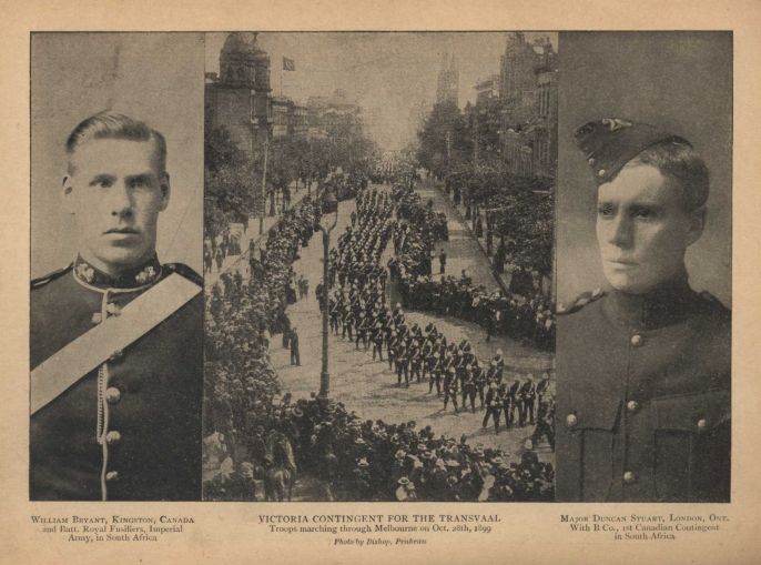 WILLIAM BRYANT, KINGSTON, CANADA, and Batt. Royal Fusiliers, Imperial Army, in South Africa. VICTORIA CONTINGENT FOR THE TRANSVAAL, Troops marching through Melbourne on Oct. 28th, 1899, Photo by Bishop, Prahran. MAJOR DUNCAN STUART, LONDON, ONT., With B Co., 1st Canadian Contingent in South Africa